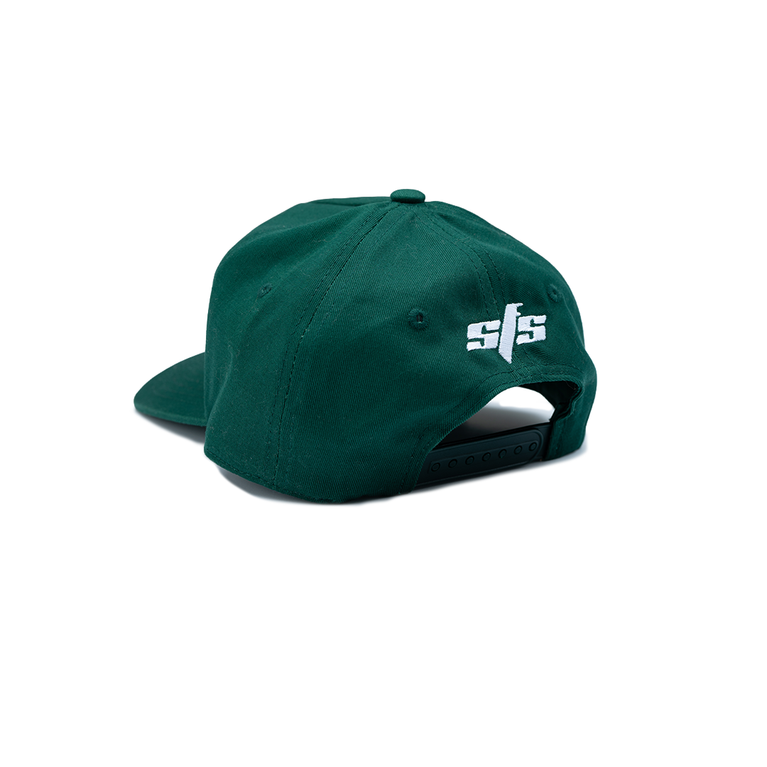 Green cap with a logo on the back against a white background