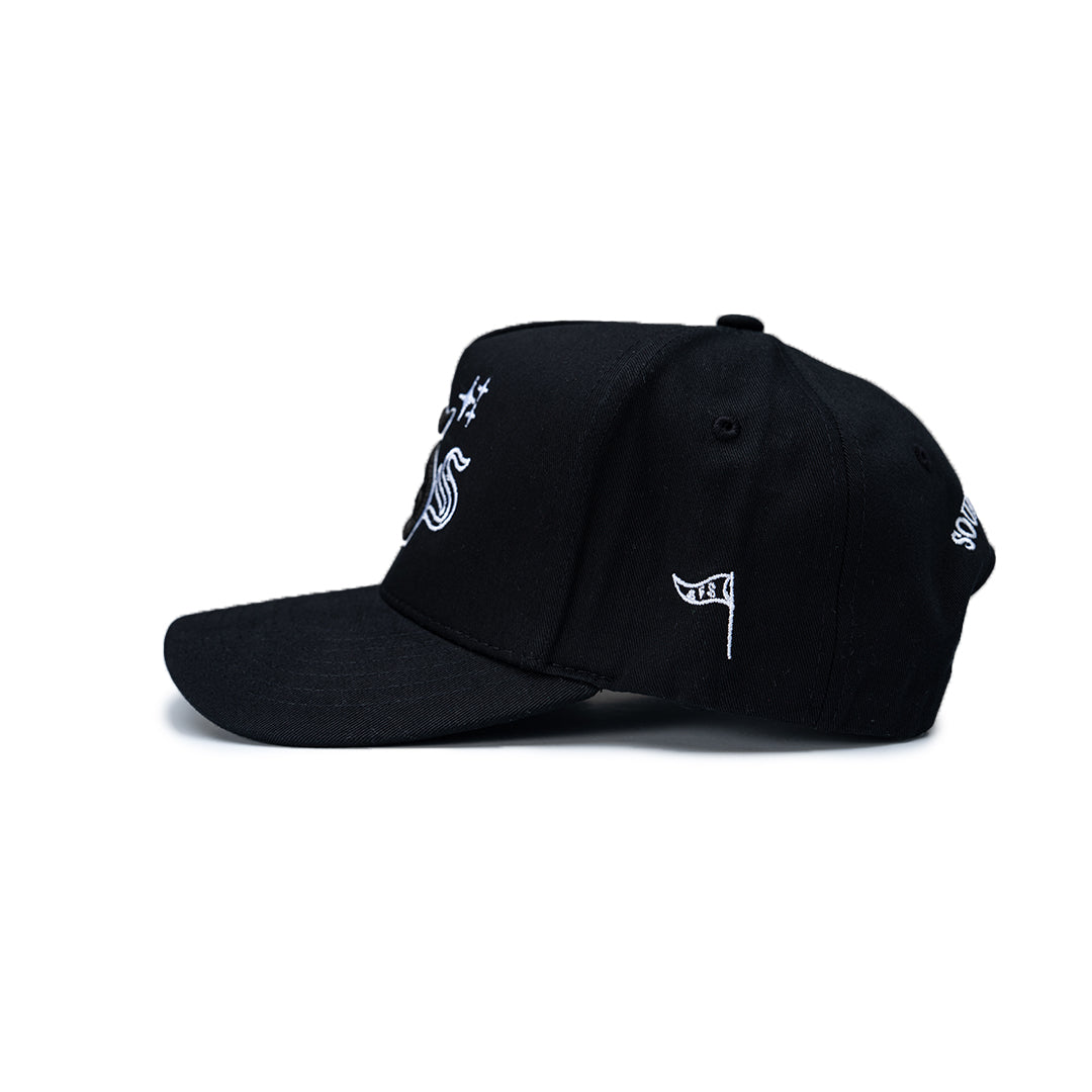 Black cap with white logos on a white background