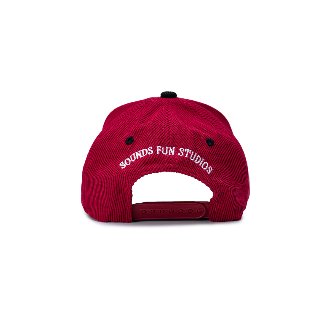 Red cap with 'Sounds Fun Studios' text on a white background