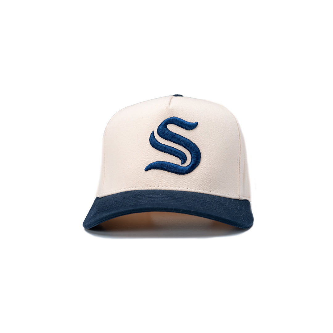 Baseball cap with a blue logo on a white background
