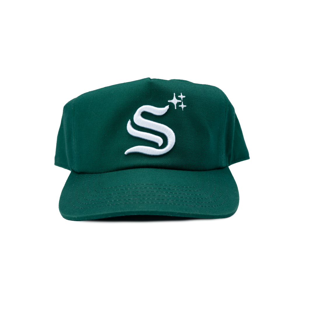 Green cap with a white logo on a white background