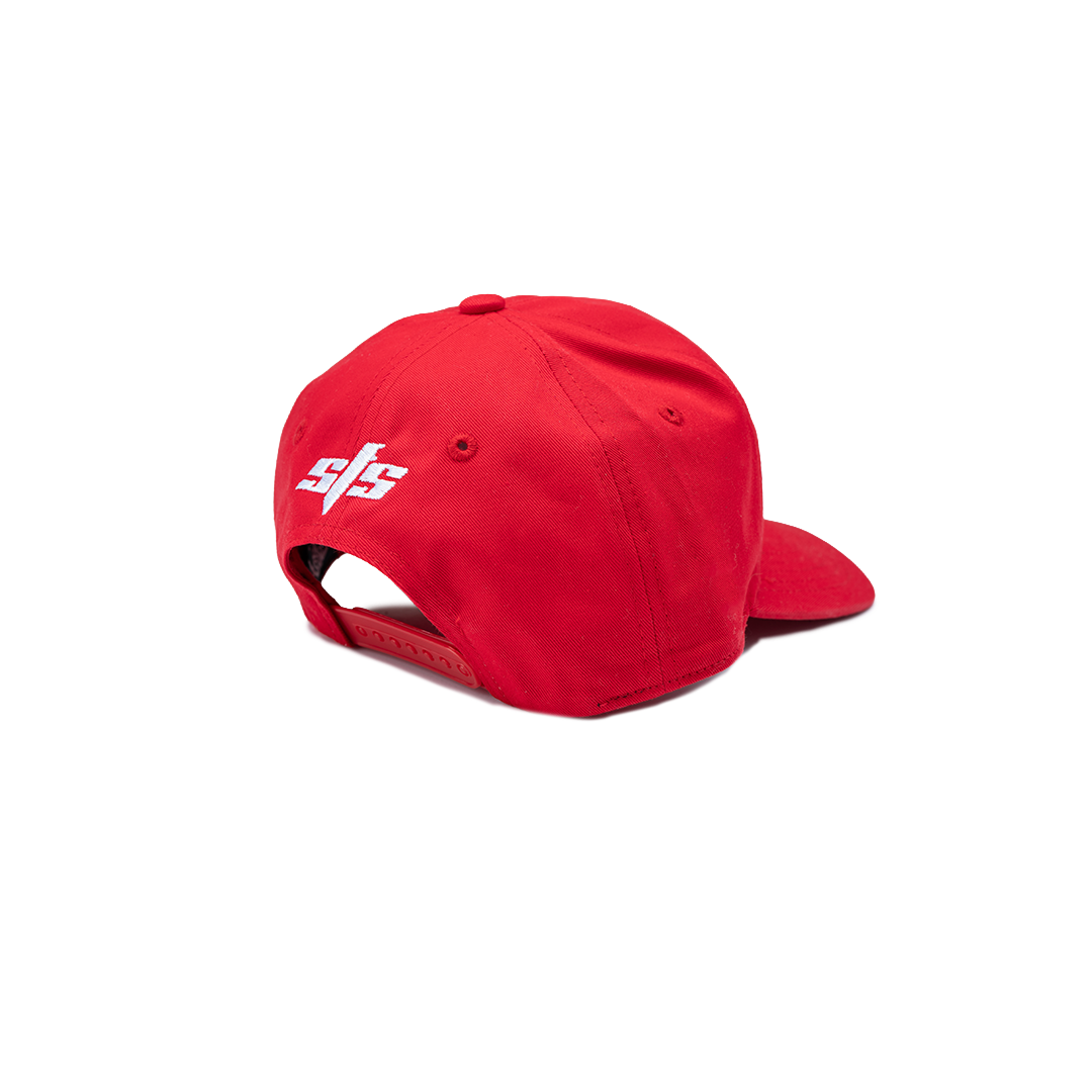 Red cap with a logo on a white background