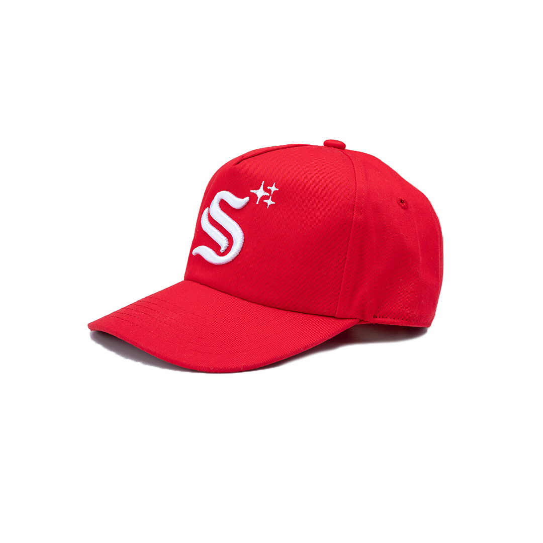 Red cap with a white logo on a white background