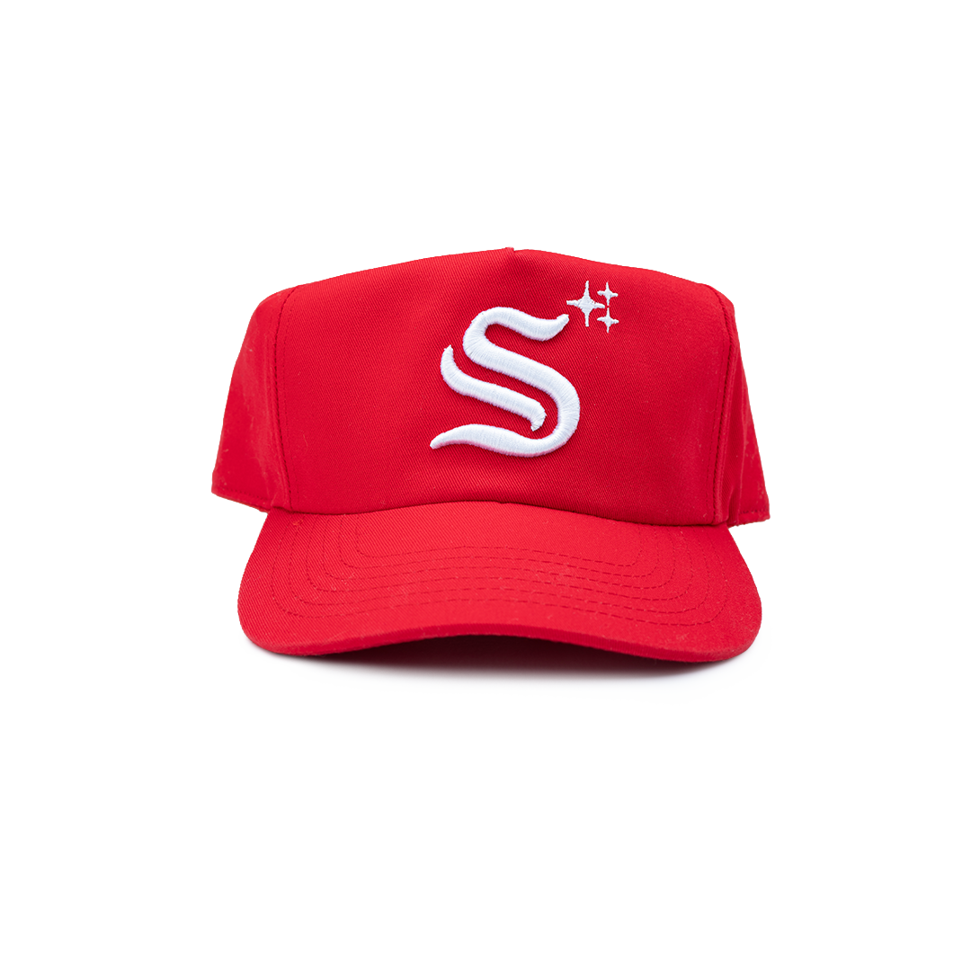 Red cap with a white logo on a white background