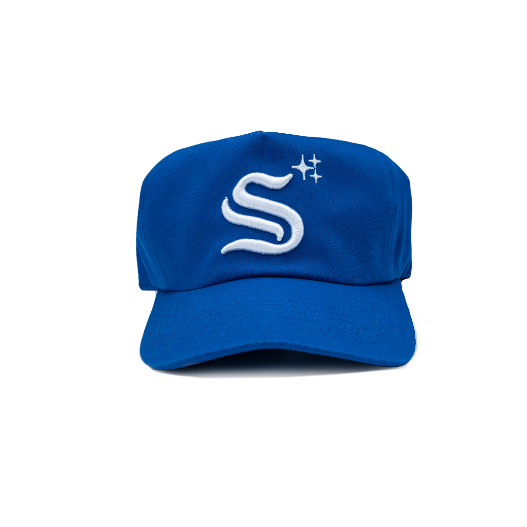 Blue cap with a white logo on a white background