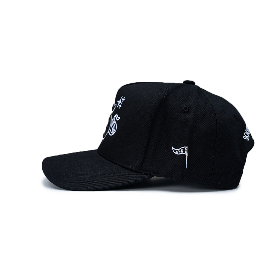 Black cap with white logos on a white background