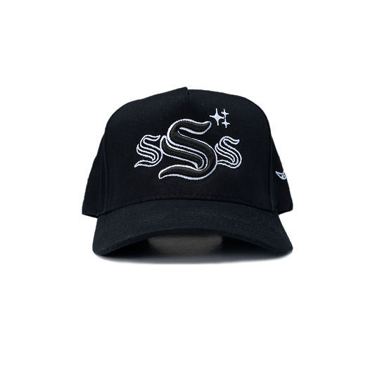 Black cap with white logo on a white background