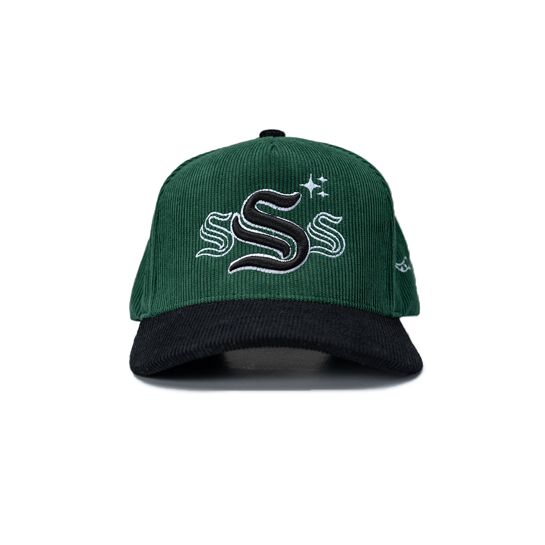 Green and black cap with a logo on a white background
